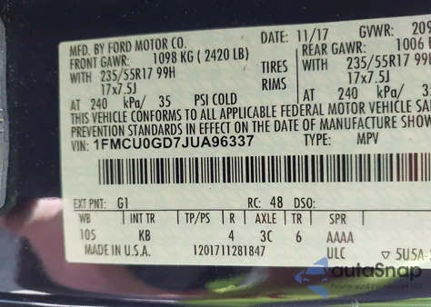 2018 Ford Escape Se из США, поврежденный, VIN 1FMCU0GD7JUA96337